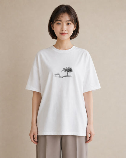 グラフィックTシャツ レディース 雨上がりのベンチ ベンチ ナチュラル アンティーク イラスト こなれ感 部屋着 女性向けギフト 白T YMAZO