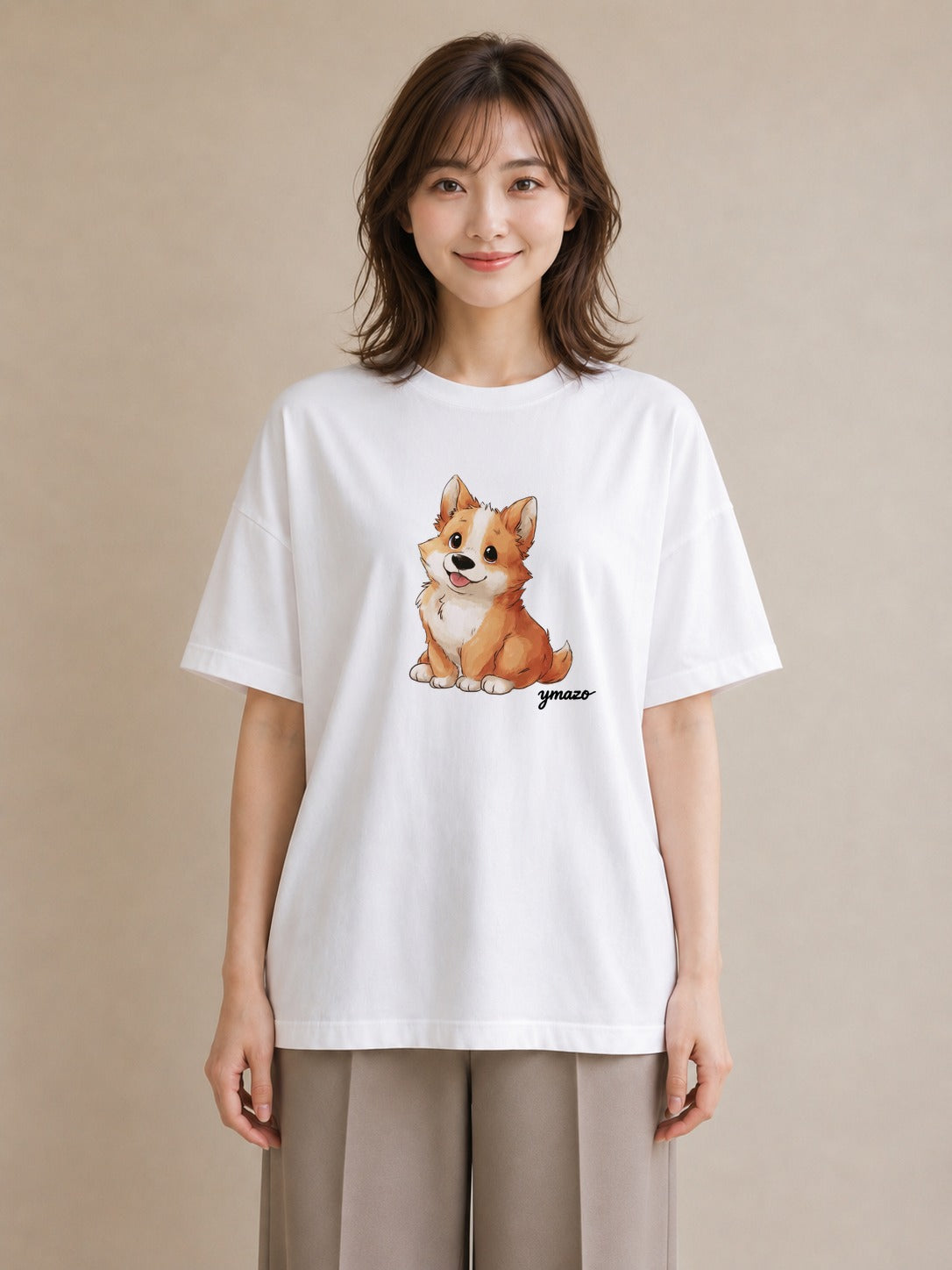 Tシャツ レディース ウェルシュコーギー コーギー 犬 いぬ イラスト シンプル デイリーウェア 休日 白T YMAZO