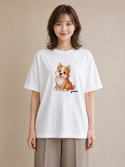 Tシャツ レディース ウェルシュコーギー コーギー 犬 いぬ イラスト シンプル デイリーウェア 休日 白T YMAZO