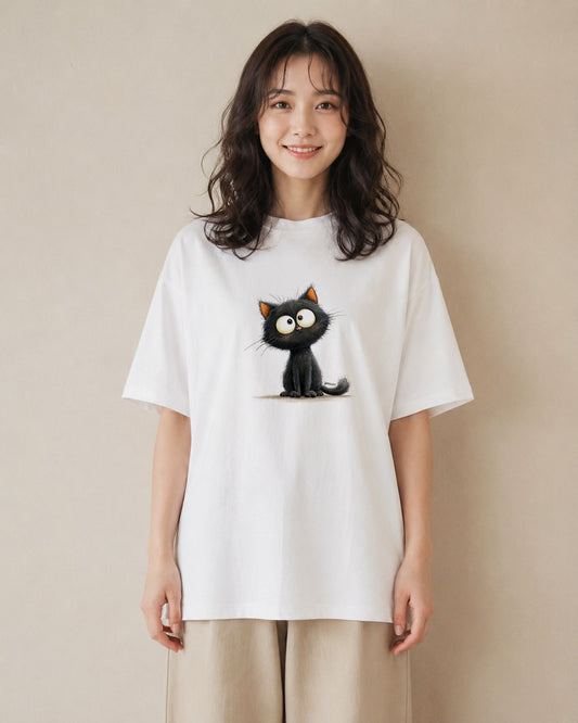 グラフィックTシャツ レディース 黒猫 猫 ねこ イラスト 20代 カジュアルコーデ 白T YMAZO