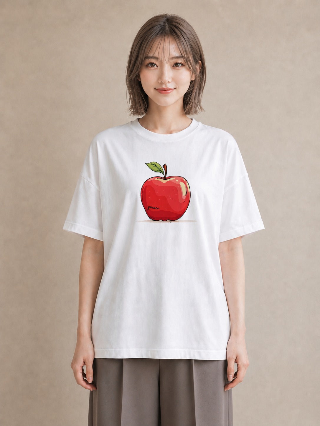 半袖Tシャツ レディース りんご 林檎 アップル 食べ物 フード イラスト きれいめ 夏コーデ 通学 白T YMAZO