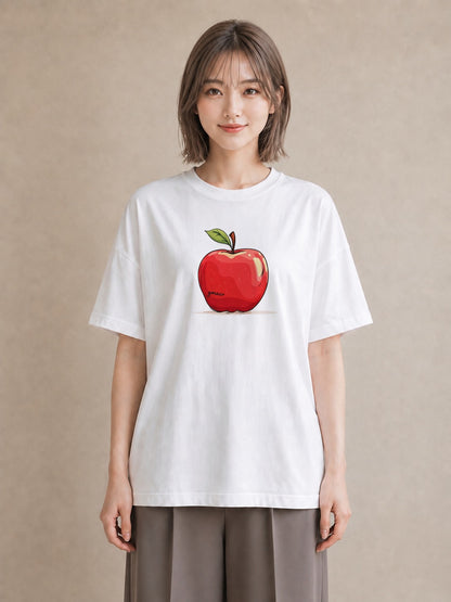 半袖Tシャツ レディース りんご 林檎 アップル 食べ物 フード イラスト きれいめ 夏コーデ 通学 白T YMAZO