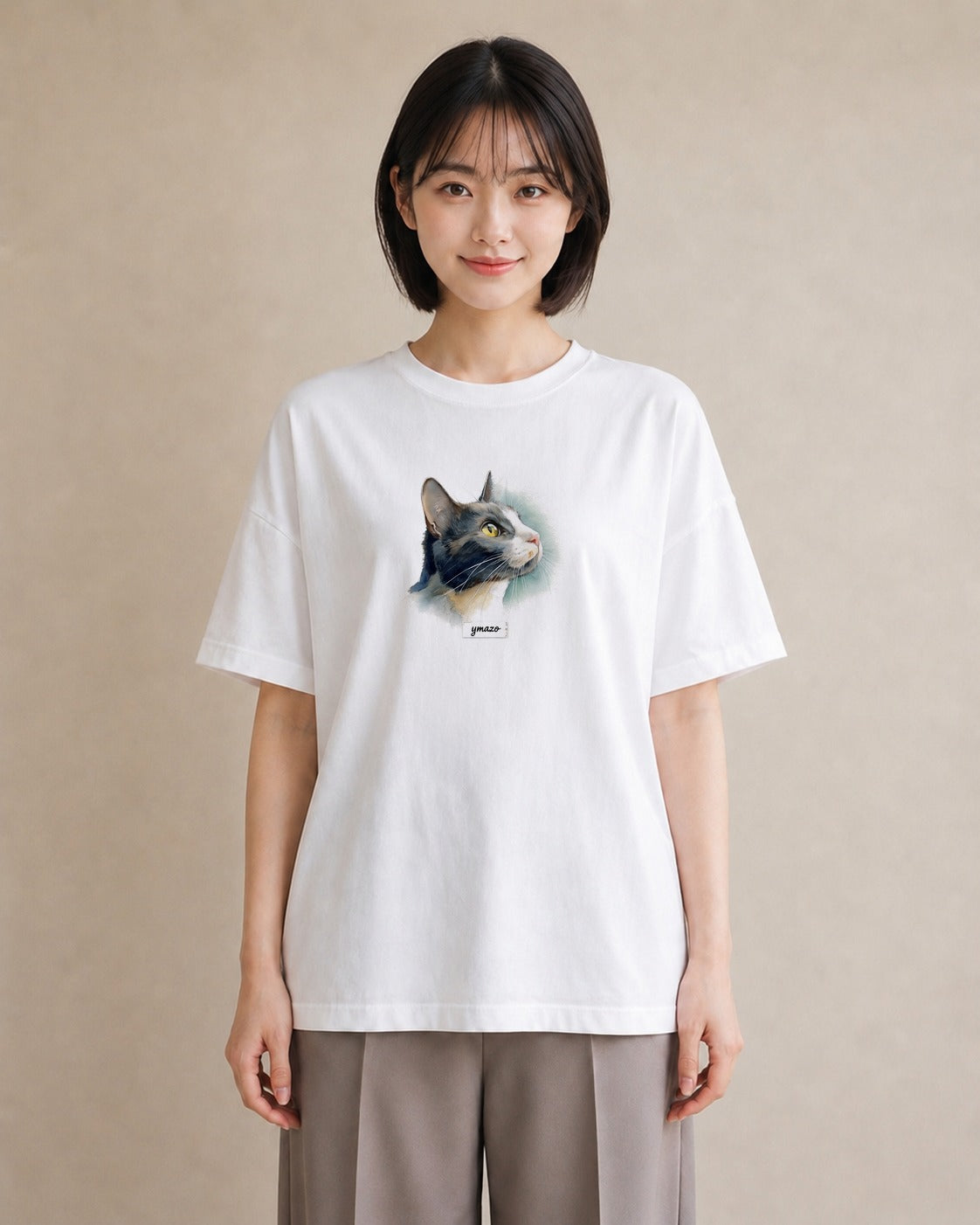 半袖Tシャツ レディース ハチワレ 白黒猫 猫 ねこ イラスト きれいめ ラフ レイヤード 白T YMAZO