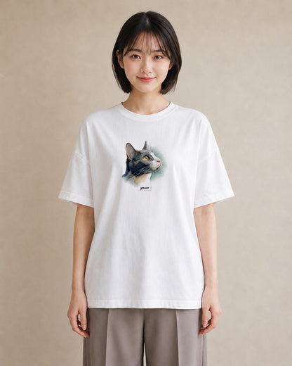半袖Tシャツ レディース ハチワレ 白黒猫 猫 ねこ イラスト きれいめ ラフ レイヤード 白T YMAZO