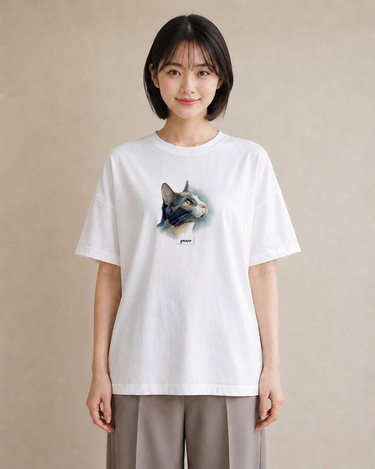 半袖Tシャツ レディース ハチワレ 白黒猫 猫 ねこ イラスト きれいめ ラフ レイヤード 白T YMAZO