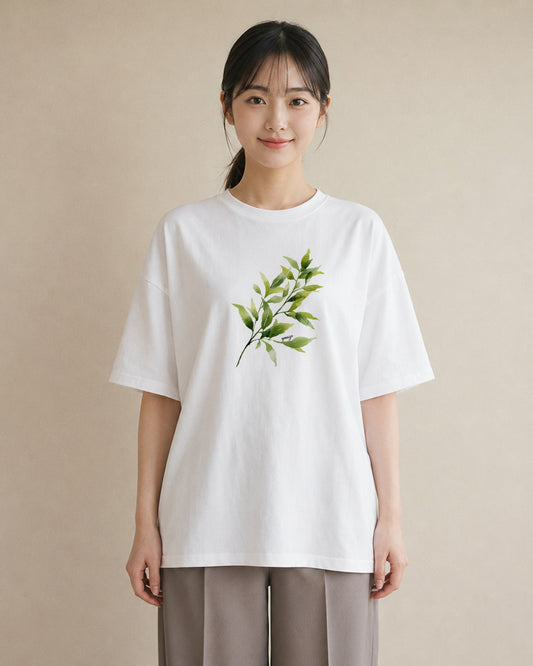 半袖Tシャツ レディース 新緑 植物 ボタニカル イラスト 上品 ペアコーデ 秋コーデ 白T YMAZO