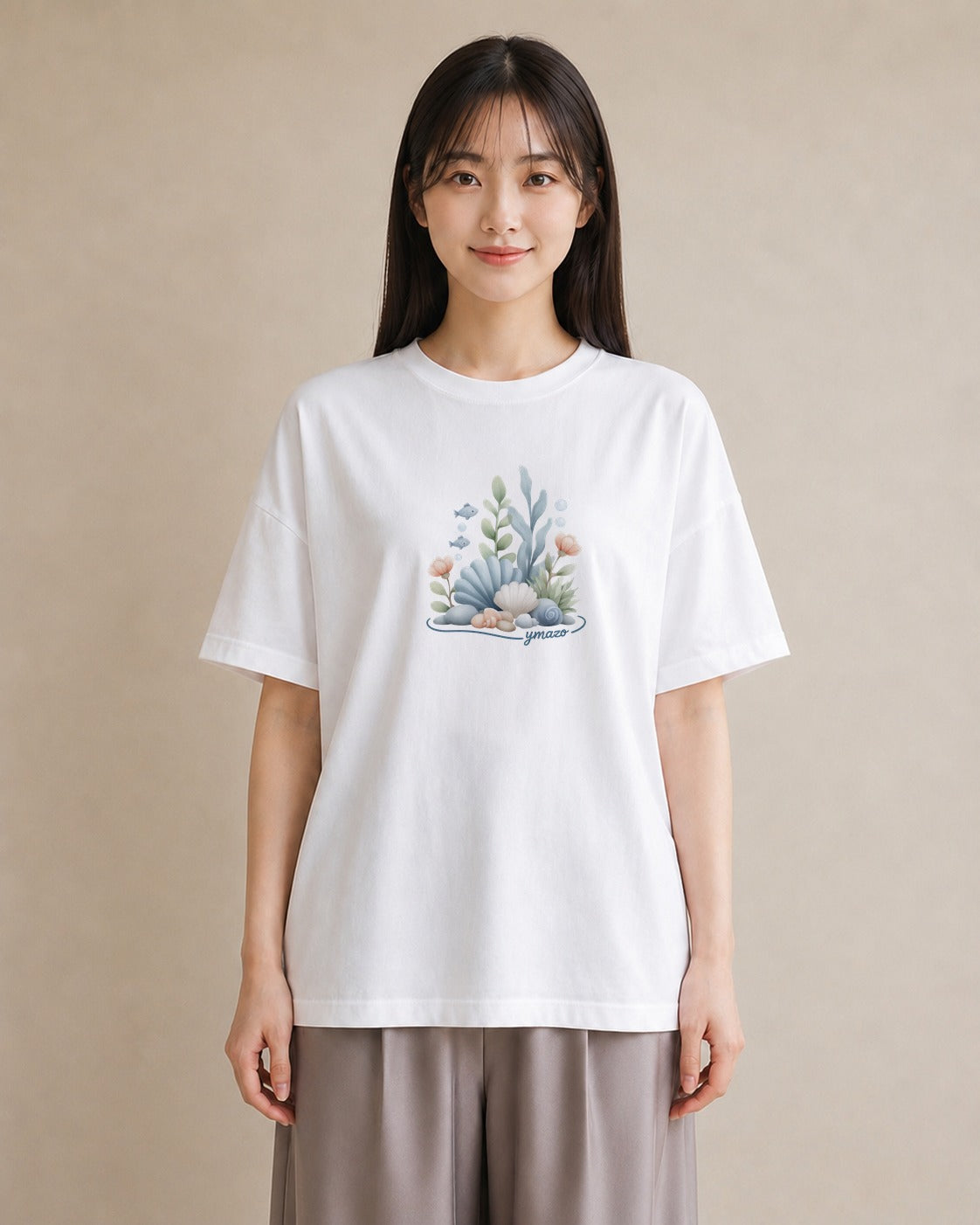 半袖Tシャツ レディース サンゴ 海の生き物 海 イラスト ラフ 自分用 ルームウェア 白T YMAZO