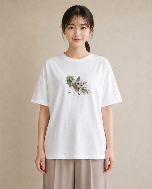 デザインTシャツ レディース 白猫 猫 ねこ イラスト ゆるかわ 20代 カジュアルコーデ 白T YMAZO