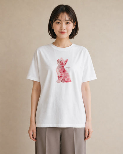 半袖Tシャツ レディース しっぽ 猫 ねこ イラスト アート風 ギフト 母の日 白T YMAZO