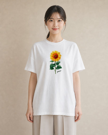 プリントTシャツ レディース ひまわり 向日葵 花 花柄 イラスト シンプル ビーチ デイリーウェア 白T YMAZO