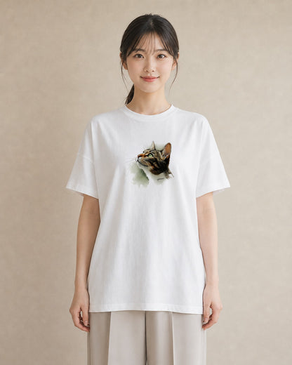 グラフィックTシャツ レディース ぶち猫 猫 ねこ イラスト アート風 女性向けギフト 散歩 白T YMAZO