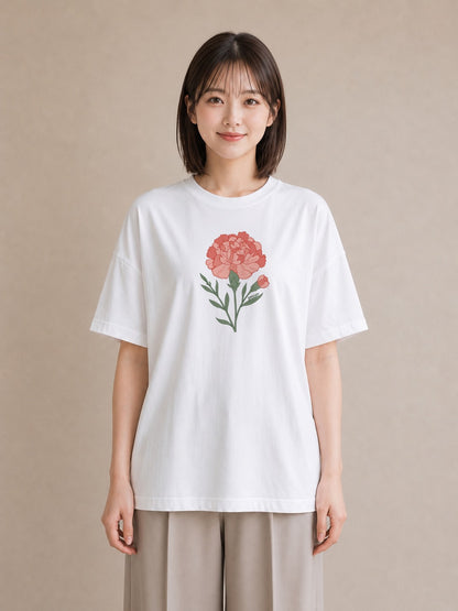 プリントTシャツ レディース カーネーション 花 花柄 イラスト 線画 通勤 在宅 白T YMAZO