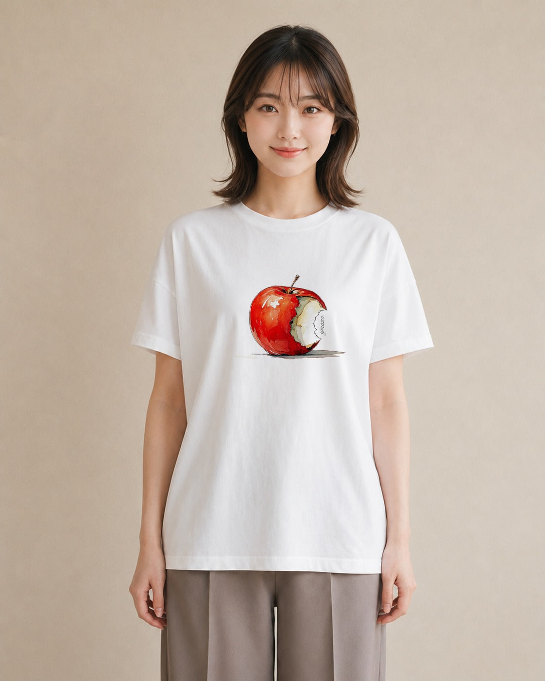 プリントTシャツ レディース りんご 林檎 アップル 食べ物 フード イラスト シンプル 週末コーデ 敬老の日 白T YMAZO
