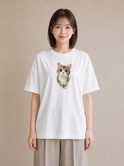 プリントTシャツ レディース 茶トラ 茶猫 猫 ねこ イラスト 旅行コーデ お出かけ 普段着 白T YMAZO