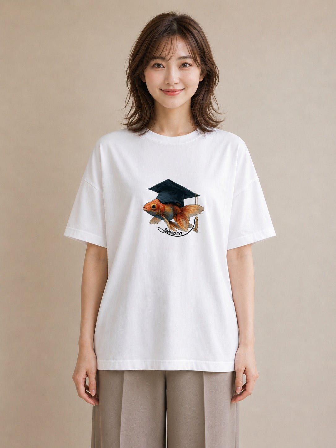 半袖Tシャツ レディース らんちゅう ペット 動物 イラスト フェミニン カフェ巡り 女子会 白T YMAZO