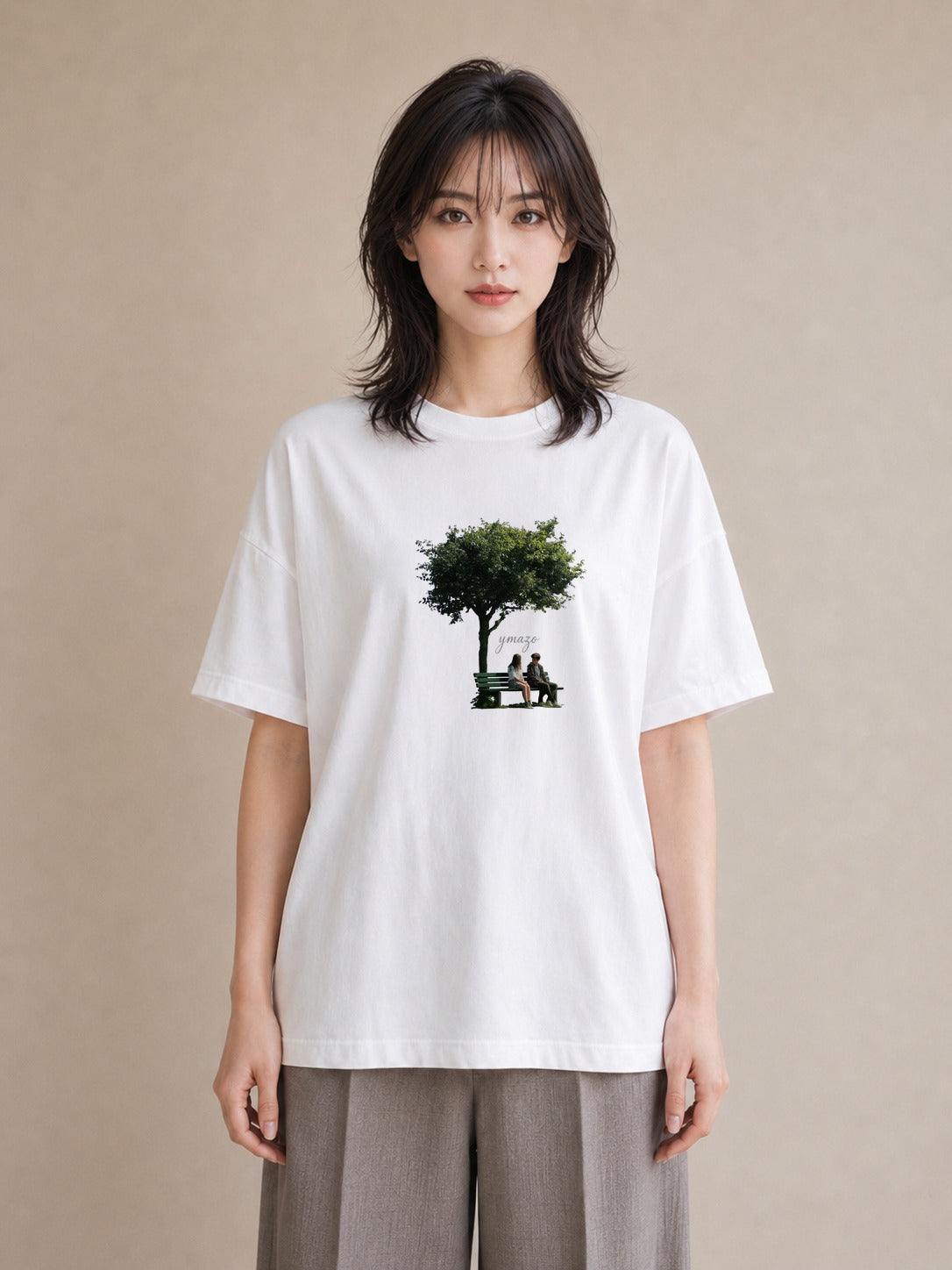 プリントTシャツ レディース 雨上がりのベンチ ベンチ ナチュラル アンティーク イラスト 水彩風 親子 20代 白T YMAZO