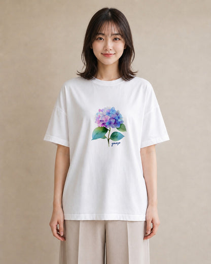 Tシャツ レディース あじさい 紫陽花 アジサイ 花 花柄 イラスト アート風 デイリーウェア 休日 白T YMAZO
