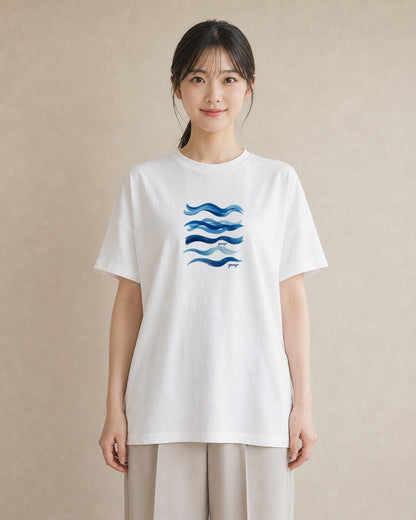 プリントTシャツ レディース 波 星空 宇宙 イラスト 水彩風 カジュアルコーデ 買い物 白T YMAZO