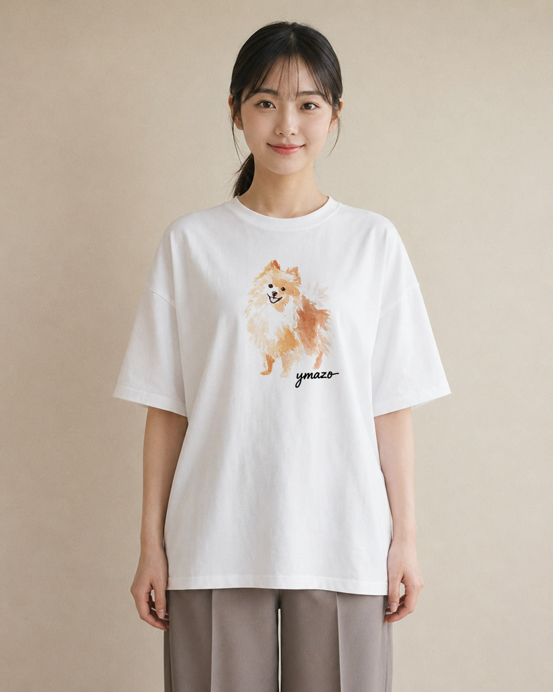 プリントTシャツ レディース ポメラニアン ポメ 犬 いぬ イラスト きれいめ 春服 ミセス 白T YMAZO