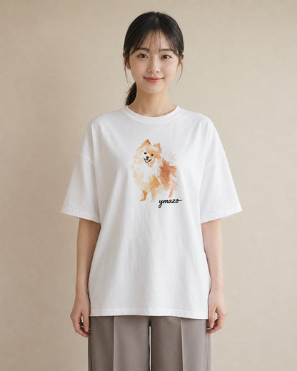 プリントTシャツ レディース ポメラニアン ポメ 犬 いぬ イラスト きれいめ 春服 ミセス 白T YMAZO