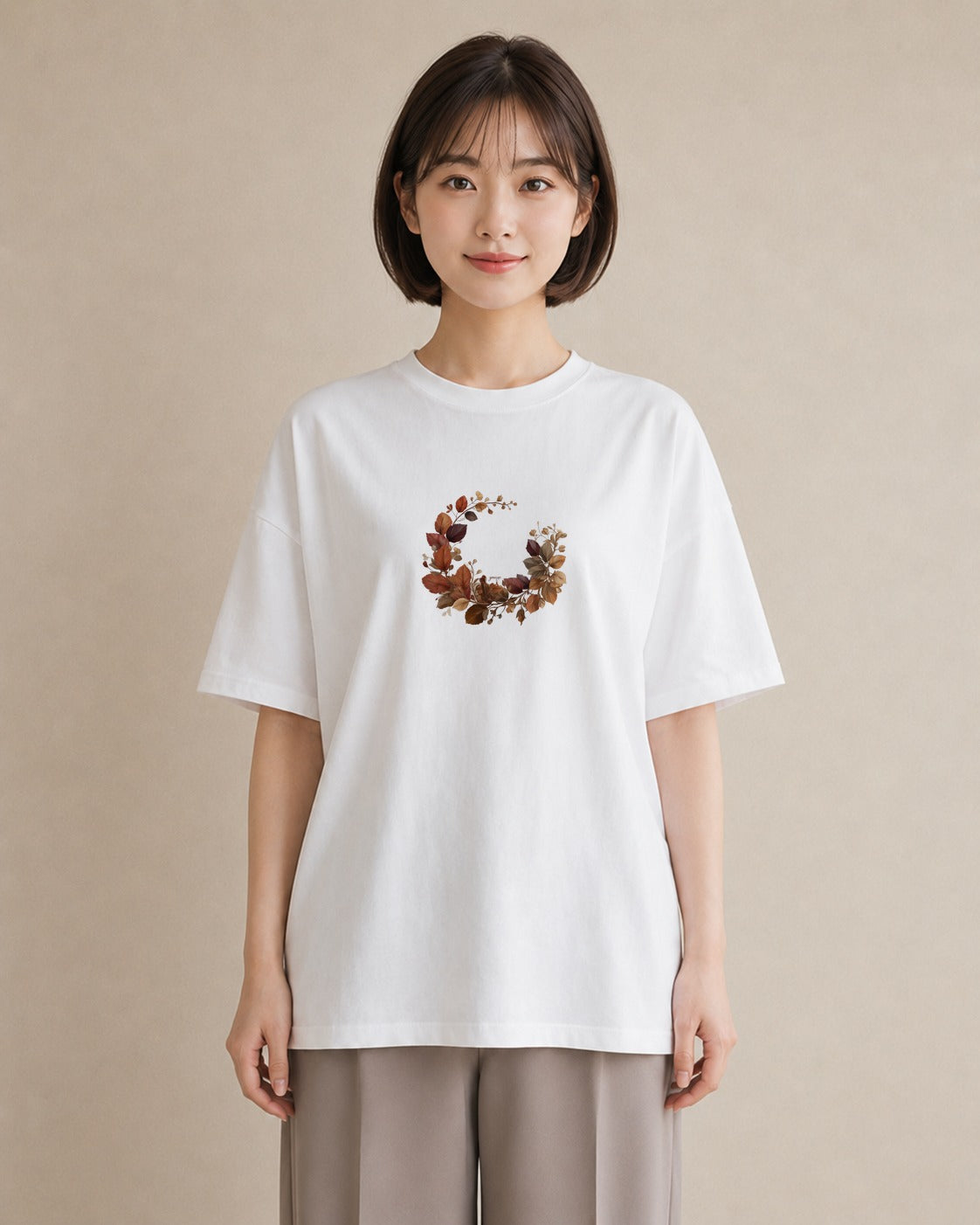 半袖Tシャツ レディース 落ち葉 植物 ボタニカル イラスト 上品 夏コーデ 通学 白T YMAZO
