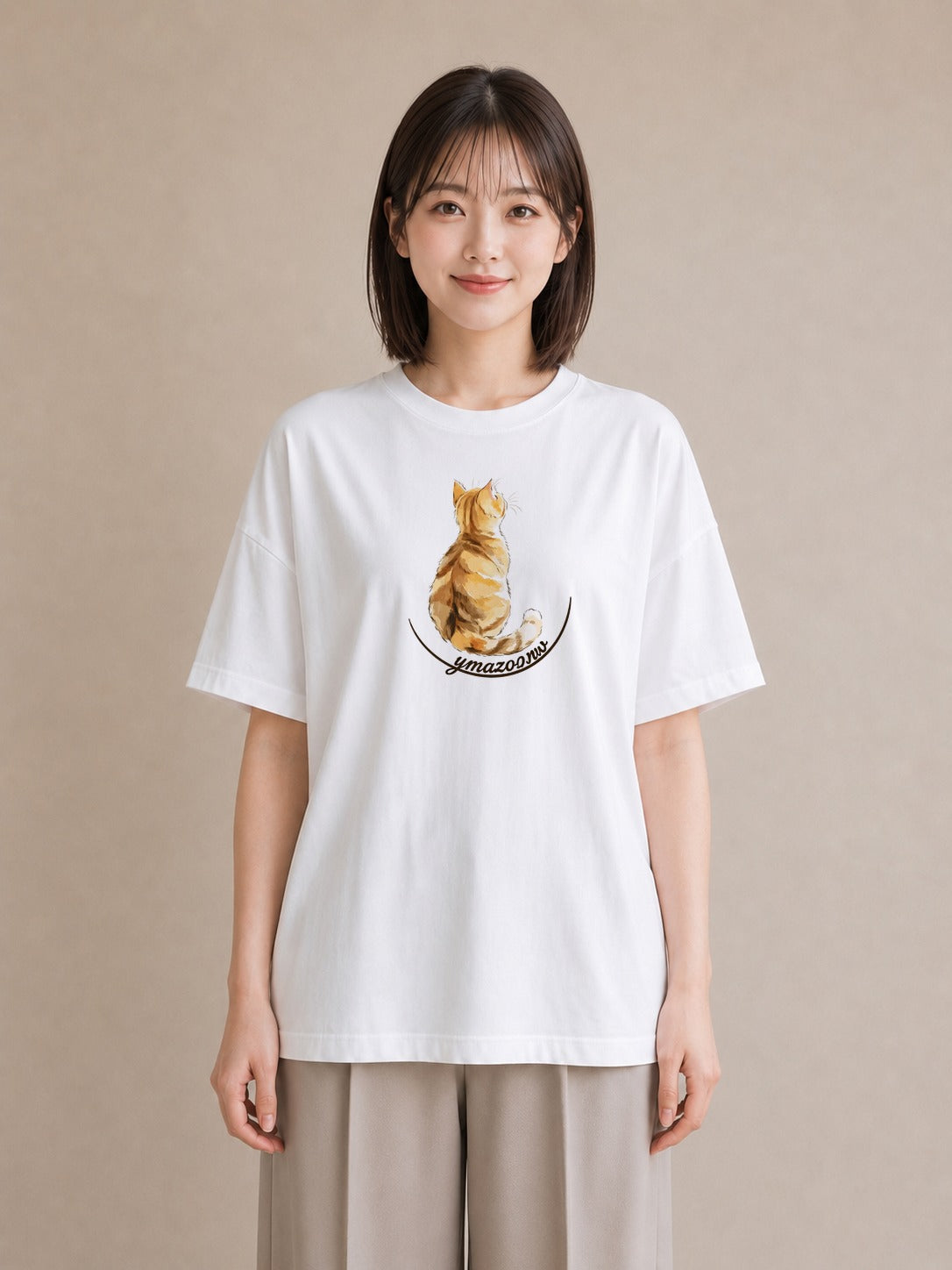 グラフィックTシャツ レディース 猫 ねこ イラスト 線画 海 カフェ巡り 白T YMAZO