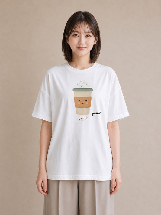 半袖Tシャツ レディース カフェラテ 食べ物 フード イラスト ニュアンス デート 帰省 白T YMAZO