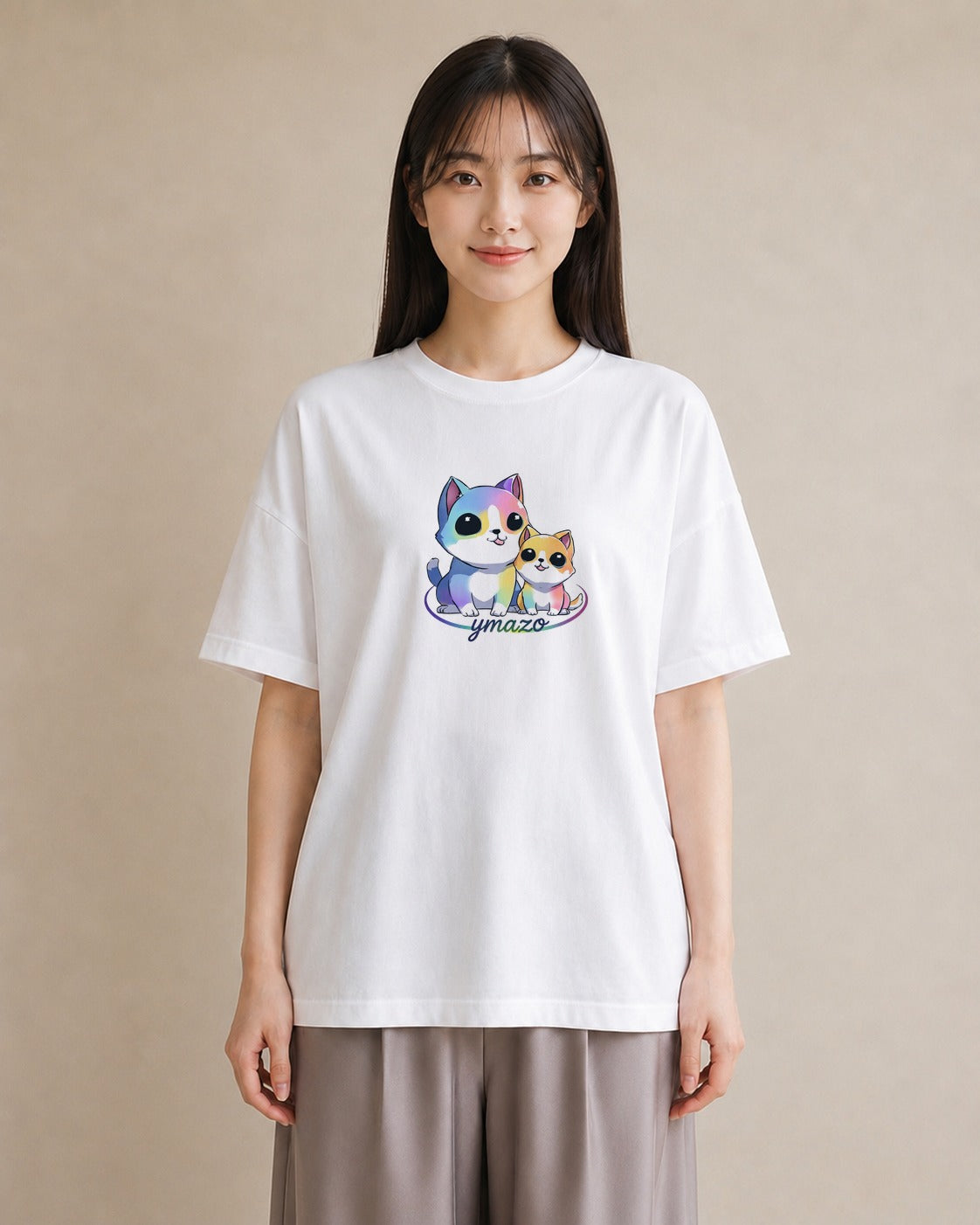 プリントTシャツ レディース ニャンコ 猫 ねこ イラスト モード お出かけ 普段着 白T YMAZO