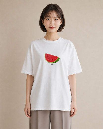 プリントTシャツ レディース すいか 食べ物 フード イラスト 韓国風 夏コーデ 通学 白T YMAZO