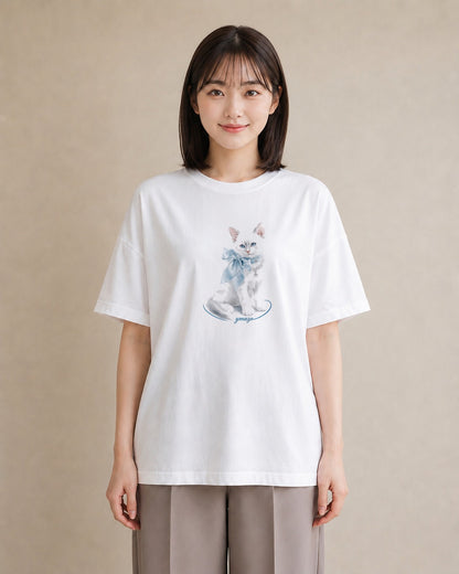 半袖Tシャツ レディース 猫 ねこ イラスト ラフ 自分用 ルームウェア 白T YMAZO
