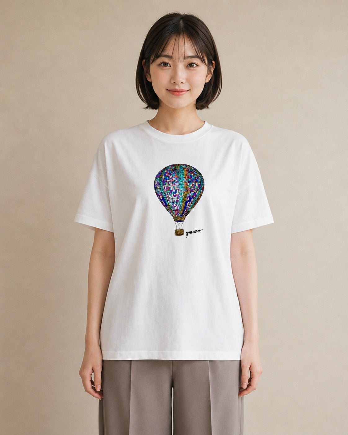 デザインTシャツ レディース 気球 星空 宇宙 イラスト ガーリー カジュアルコーデ 買い物 白T YMAZO