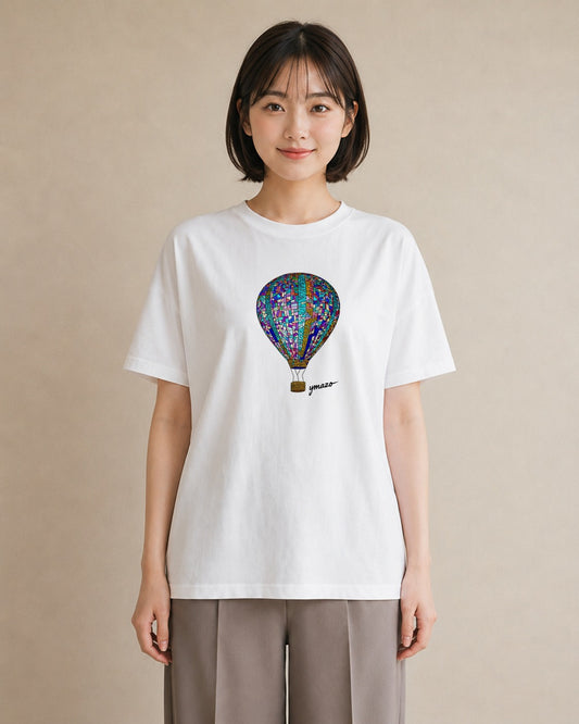 デザインTシャツ レディース 気球 星空 宇宙 イラスト ガーリー カジュアルコーデ 買い物 白T YMAZO