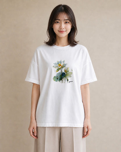 半袖Tシャツ レディース 蓮 花 花柄 イラスト 普段使い ホワイトデー 春服 白T YMAZO