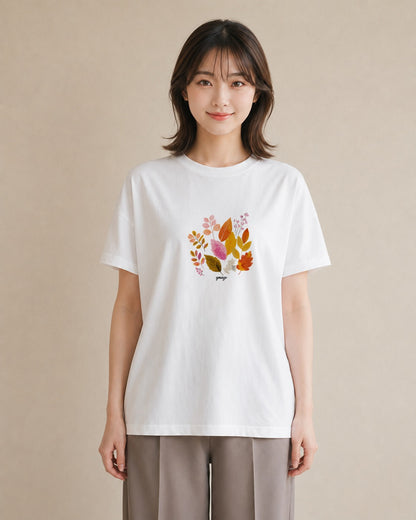 プリントTシャツ レディース 落ち葉 植物 ボタニカル イラスト ヴィンテージ風 デイリーウェア 休日 白T YMAZO