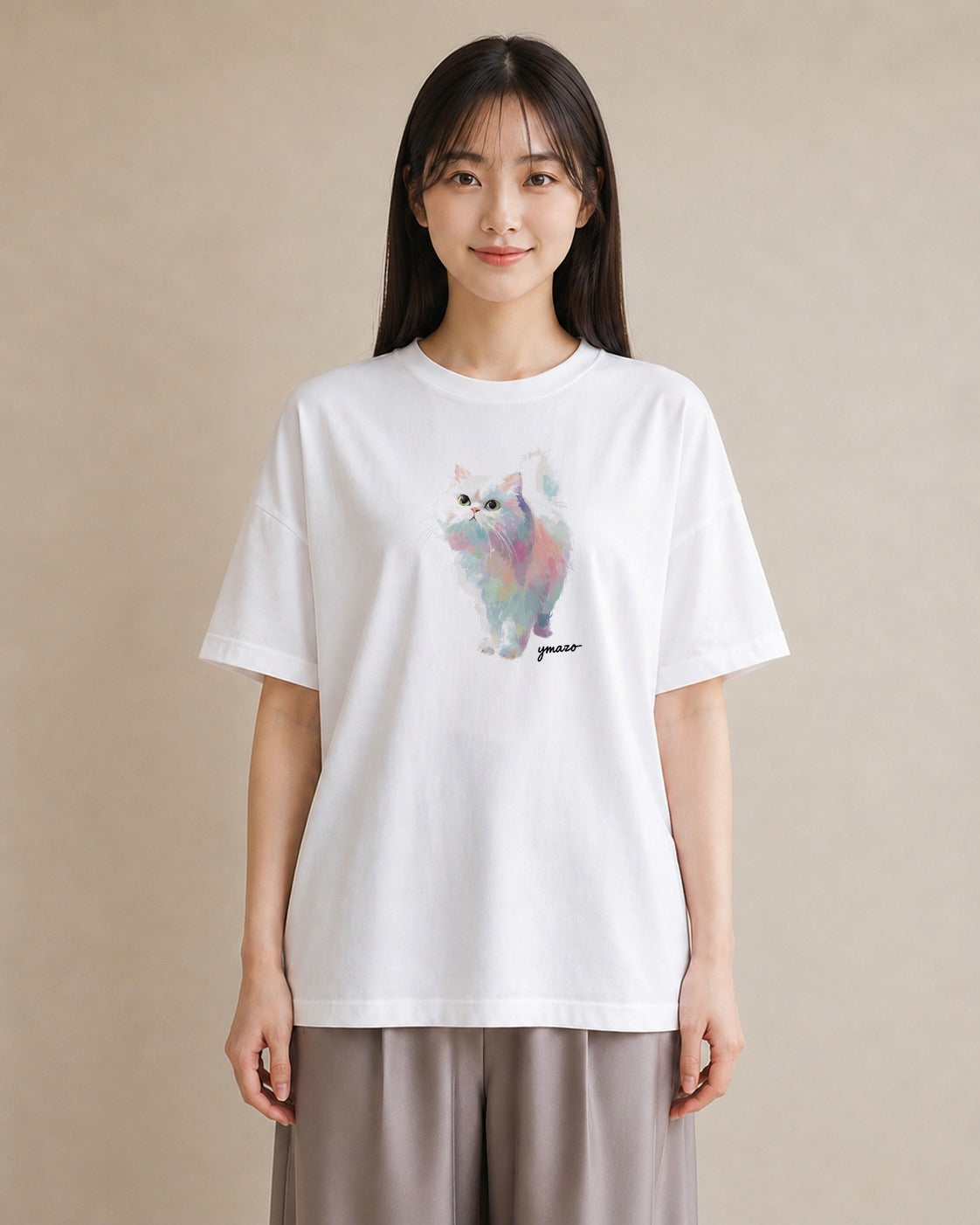 Tシャツ レディース メインクーン 猫 ねこ イラスト 水彩風 20代 カジュアルコーデ 白T YMAZO