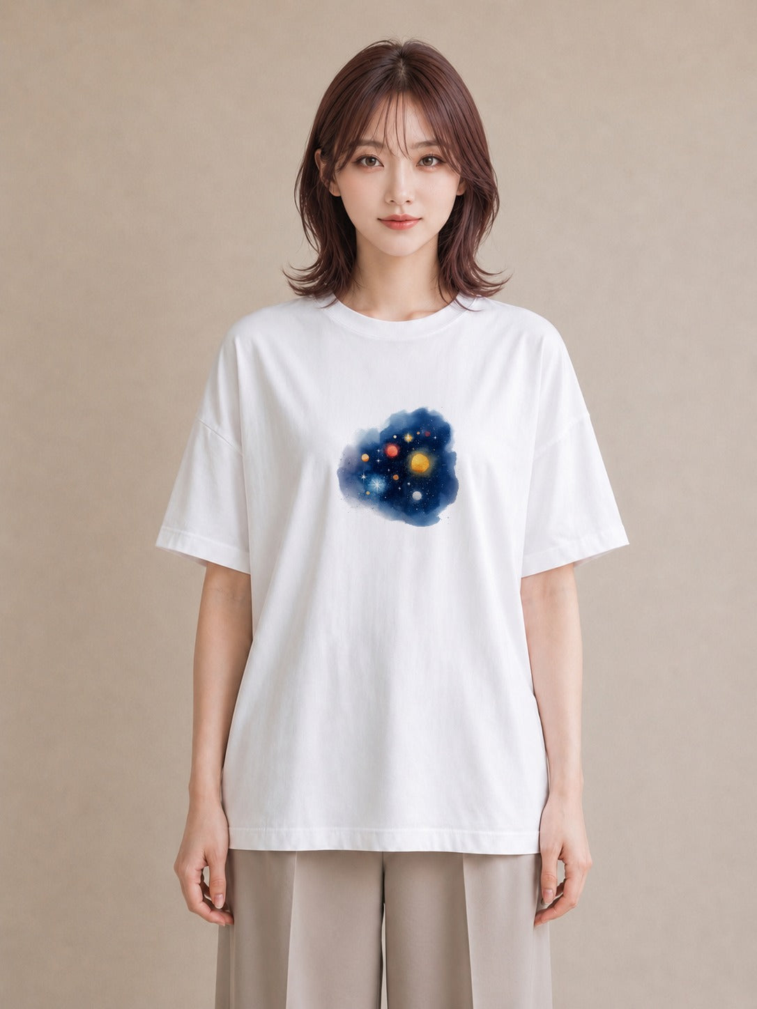 プリントTシャツ レディース プラネット 星空 宇宙 イラスト ニュアンス カフェ服 クリスマス 白T YMAZO