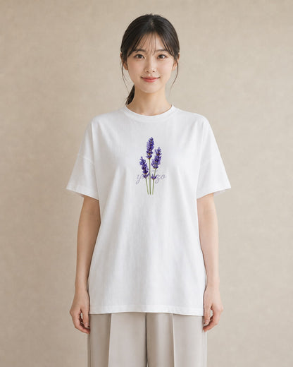 Tシャツ レディース ラベンダー 花 花柄 イラスト デート 帰省 白T
