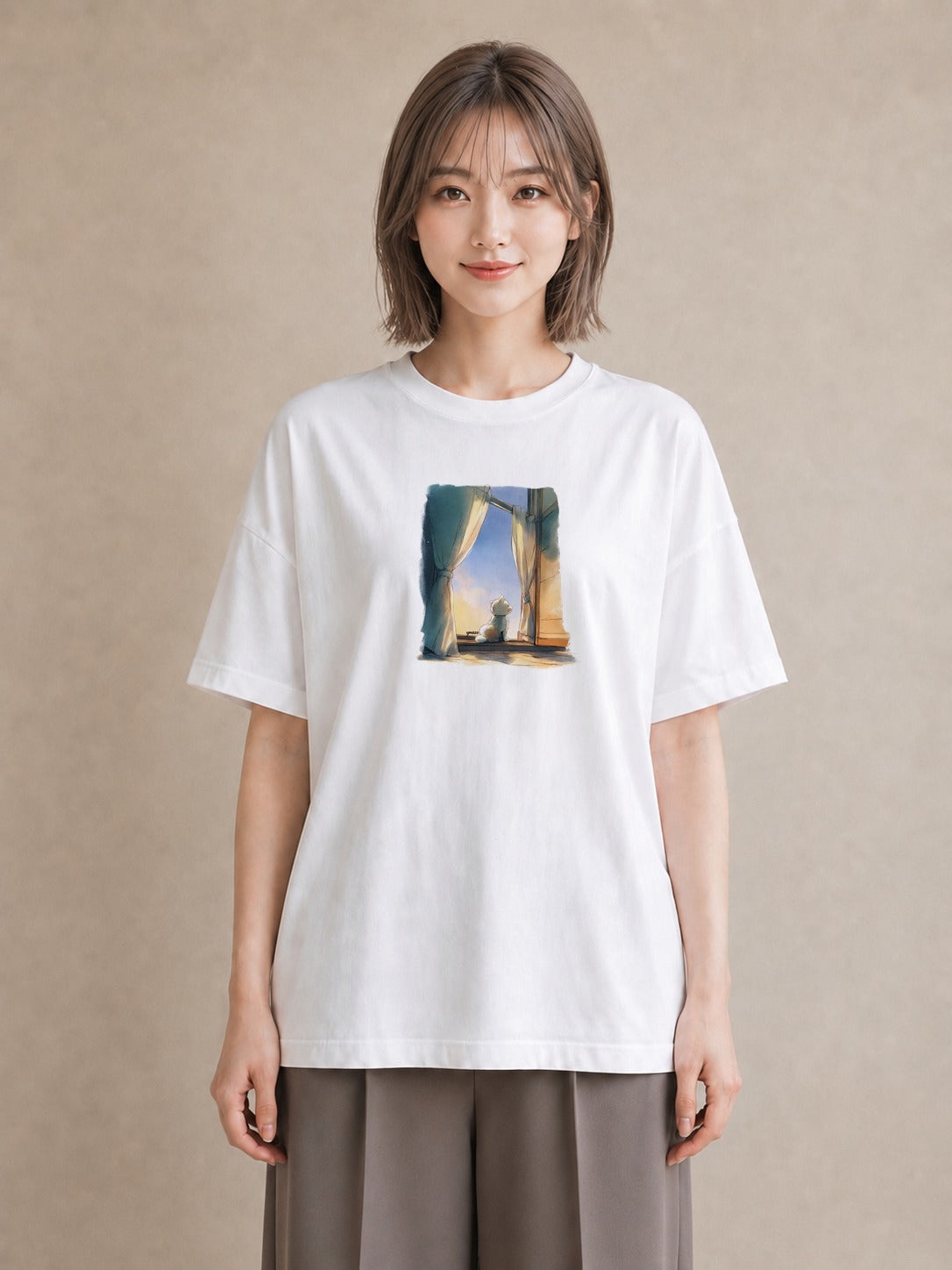Tシャツ レディース 灯りの家 小屋 夜 ナチュラル アンティーク イラスト ヴィンテージ風 ママ カフェ服 白T YMAZO