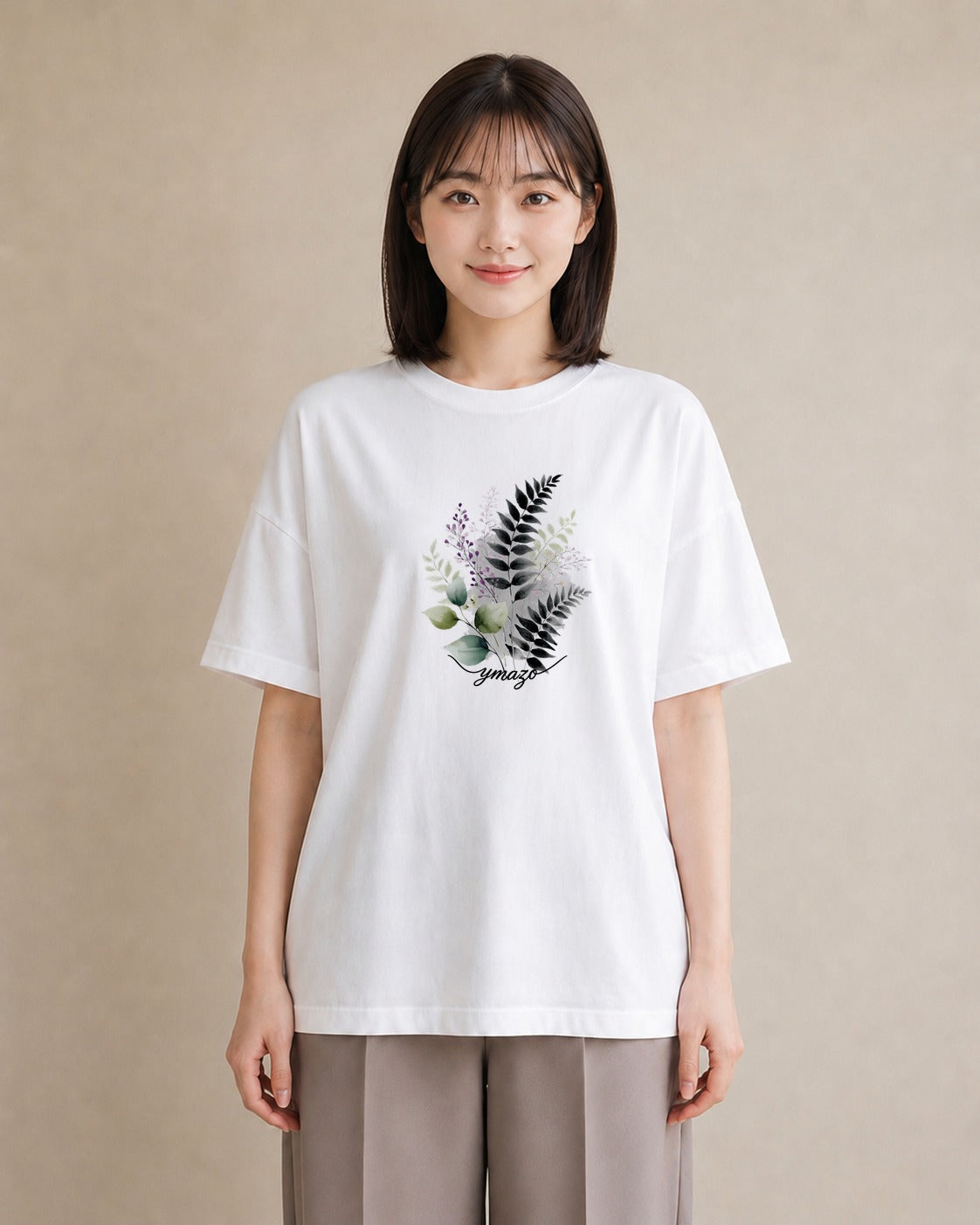 デザインTシャツ レディース シダ 植物 ボタニカル イラスト シック 帰省 ラフ 白T YMAZO