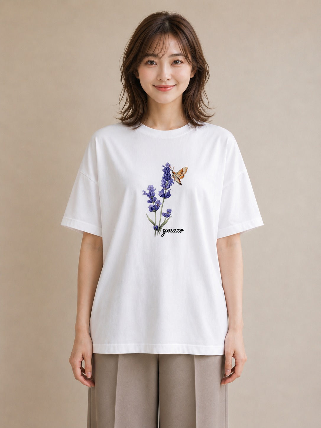 デザインTシャツ レディース ラベンダー 花 花柄 イラスト 線画 自分用 ルームウェア 白T