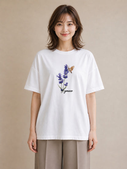 デザインTシャツ レディース ラベンダー 花 花柄 イラスト 線画 自分用 ルームウェア 白T