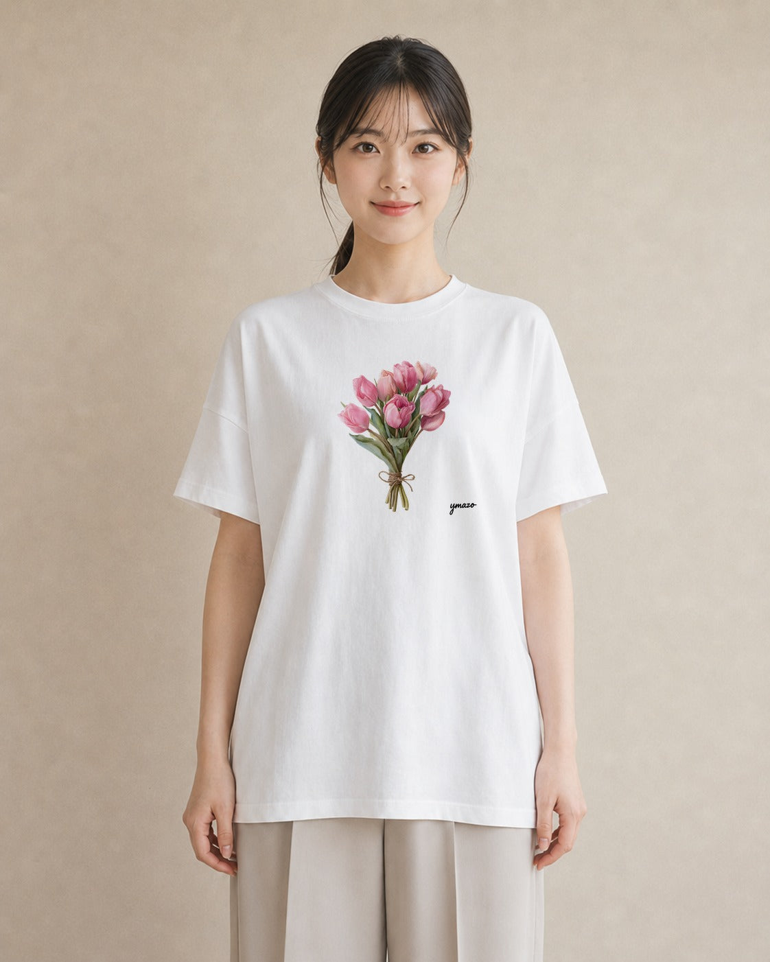 Tシャツ レディース チューリップ 花 花柄 イラスト フェミニン 秋コーデ おしゃれギフト 白T YMAZO