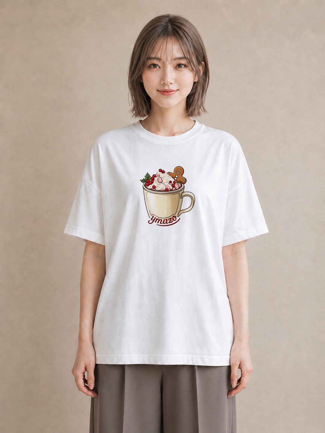 半袖Tシャツ レディース ココア 食べ物 フード イラスト レトロ 夏コーデ 通学 白T YMAZO