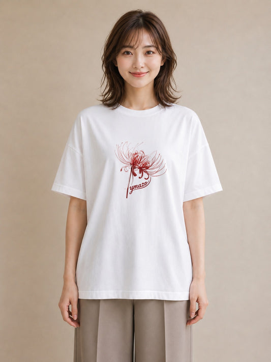 デザインTシャツ レディース 彼岸花 花 花柄 イラスト きれいめ 海 カフェ巡り 白T YMAZO