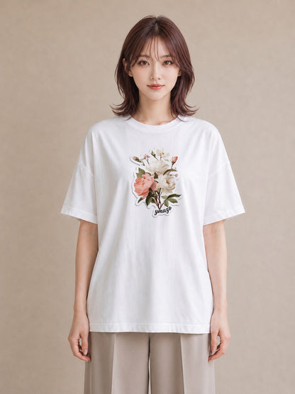 グラフィックTシャツ レディース 椿 花 花柄 イラスト 上品 ギフト 母の日 白T YMAZO