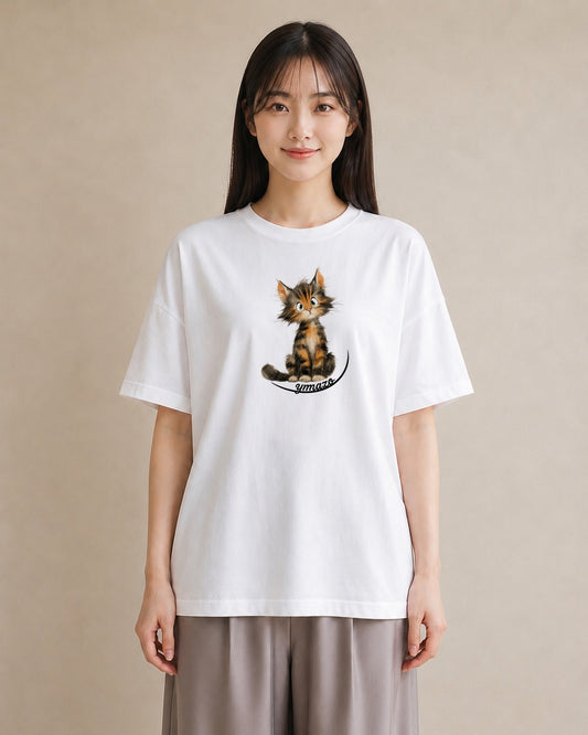デザインTシャツ レディース サバトラ 猫 ねこ イラスト ラフ 海 カフェ巡り 白T YMAZO