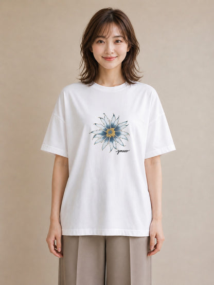プリントTシャツ レディース 蓮 花 花柄 イラスト 旅行コーデ 女子会 お揃い 白T