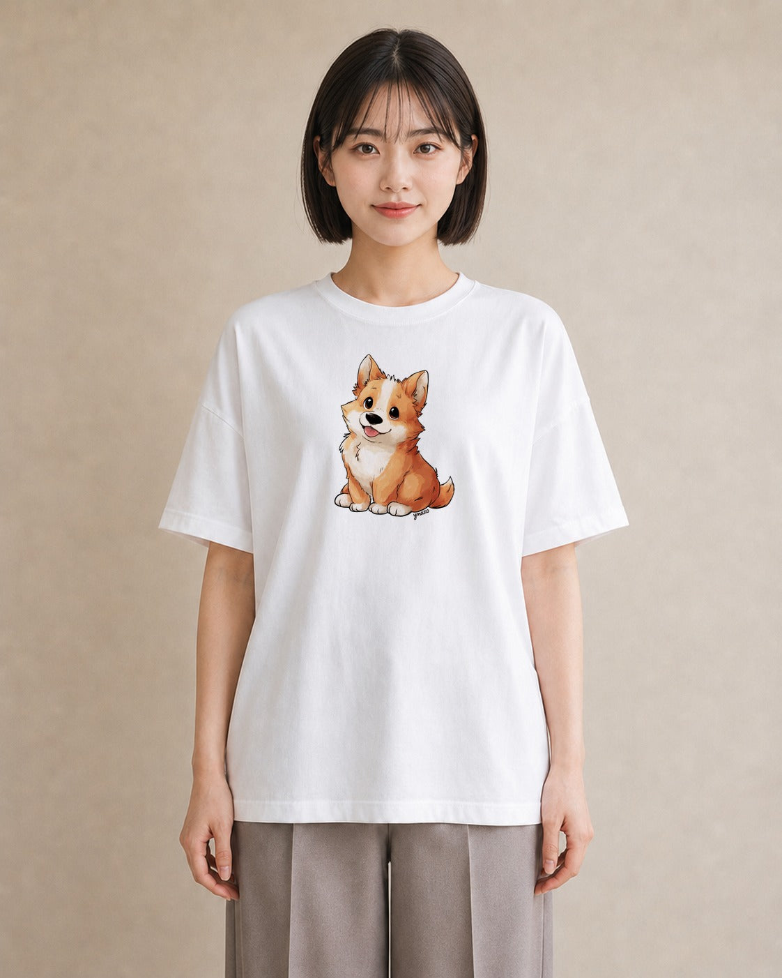 グラフィックTシャツ レディース わんこ 犬 いぬ イラスト ミニマル 送別ギフト 通勤 白T YMAZO