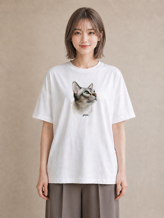 デザインTシャツ レディース 白猫 猫 ねこ イラスト アート風 敬老の日 ホワイトデー 白T YMAZO