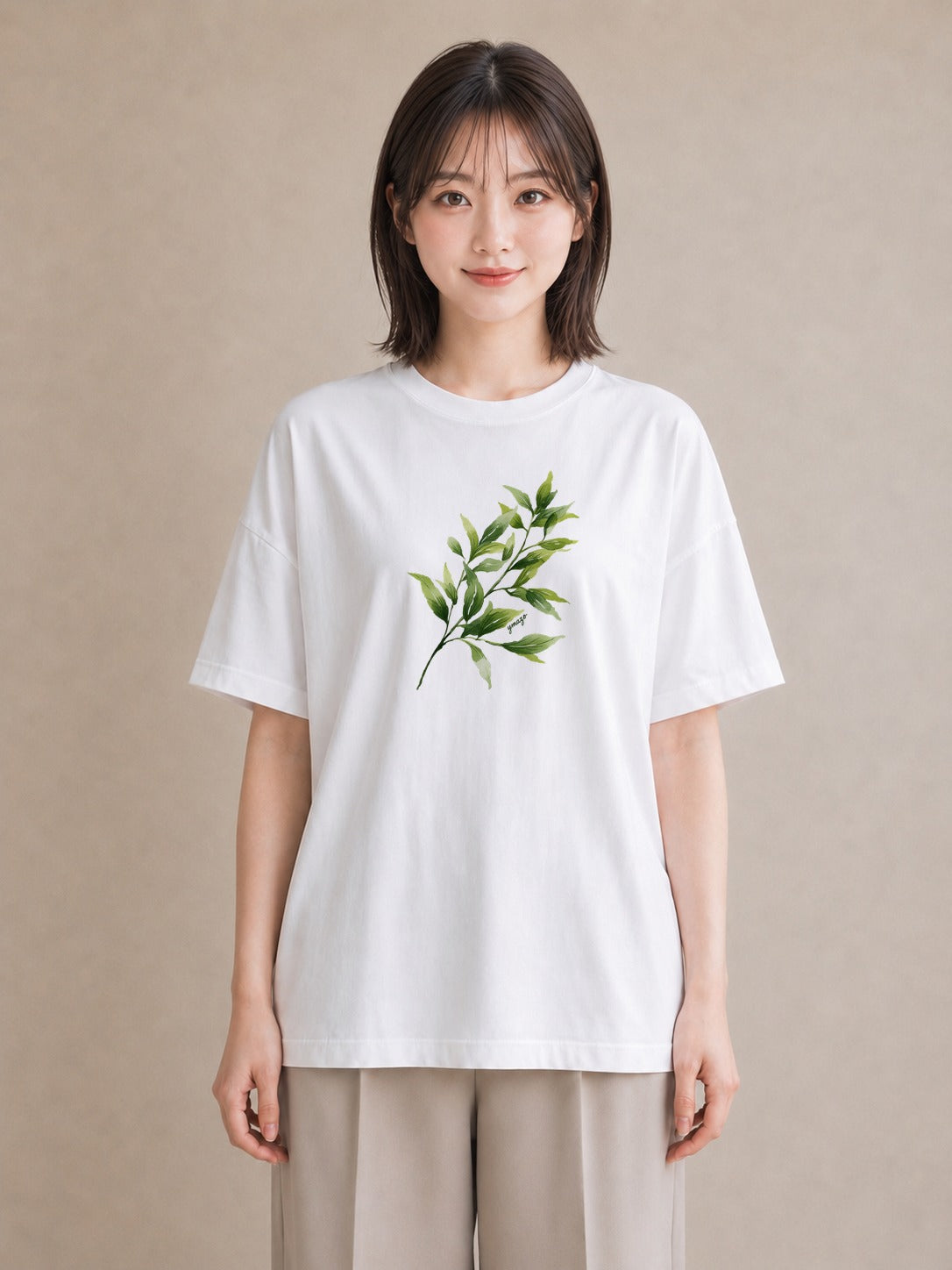 プリントTシャツ レディース 葉っぱ 植物 ボタニカル イラスト 抜け感 公園 ママ 白T YMAZO